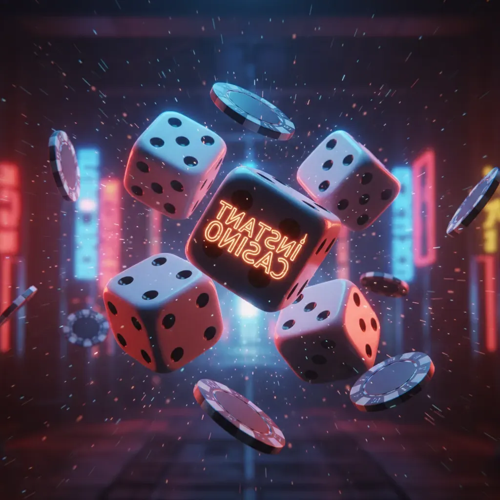 instant casino Dados de casino flotando con letrero Instant Casino brillante